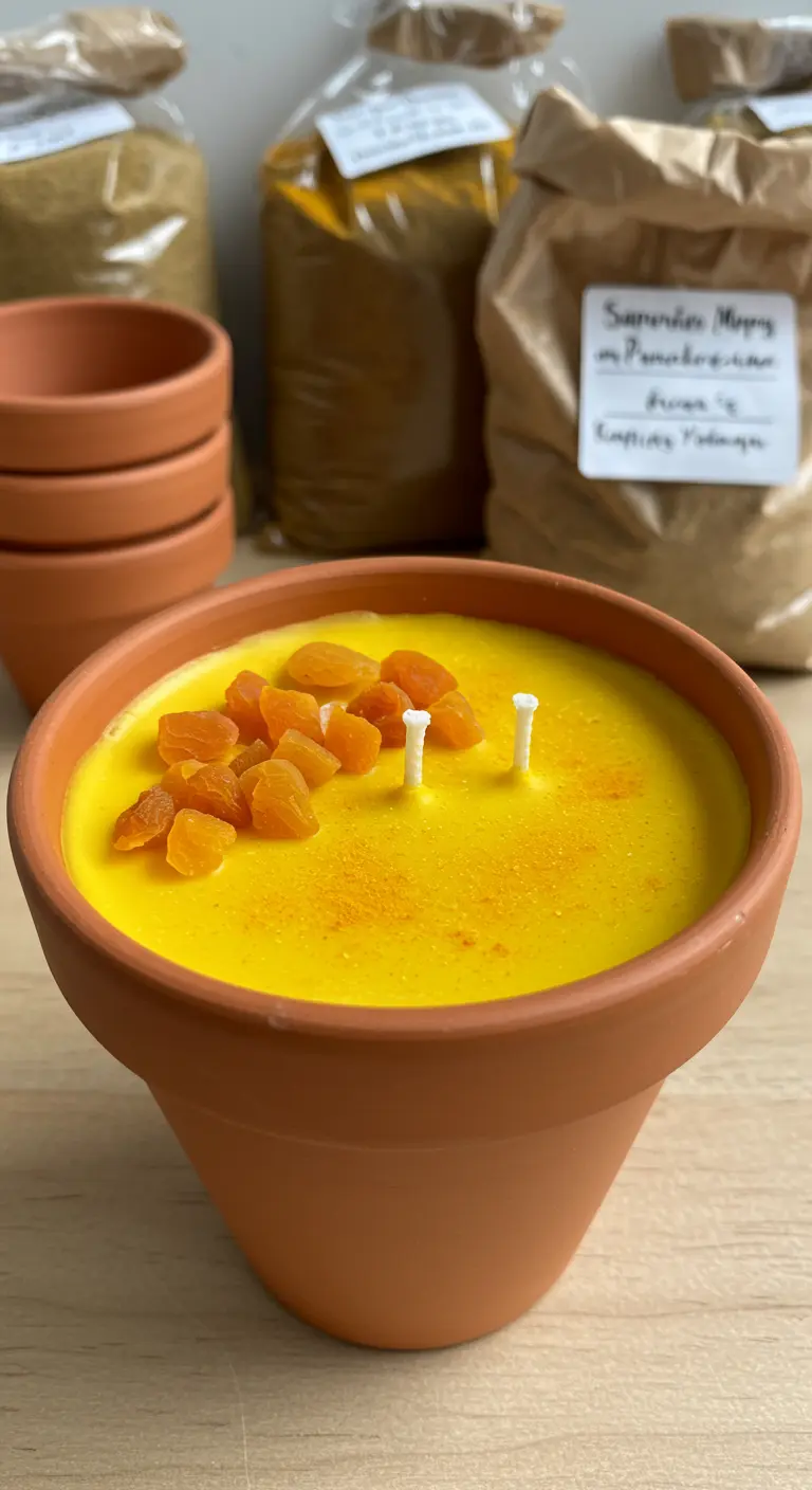 Vela amarilla de cúrcuma en una maceta de terracota, decorada con pasas.