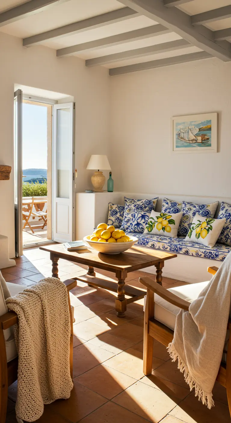 Sala de estar mediterránea con cojines de azulejos azules y limones.