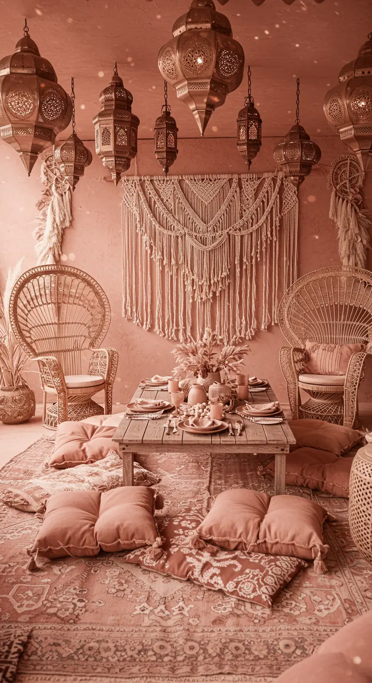 Comedor bohemio en tonos rosa empolvado, con mesa baja, cojines, macramé y farolillos.