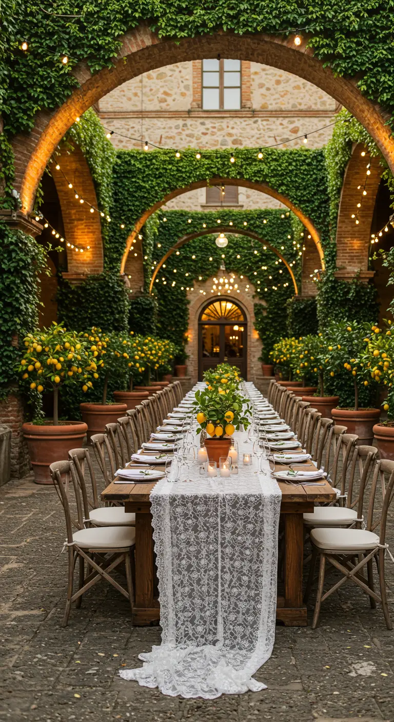 Larga mesa de boda en un patio italiano con camino de encaje y limoneros.