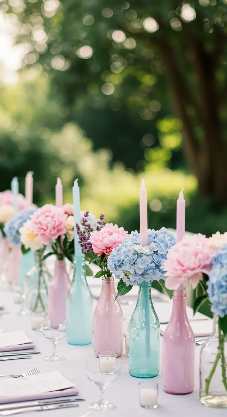 Mesa de jardín con botellas de vidrio pintadas en tonos pastel rosa y azul, con flores y velas.