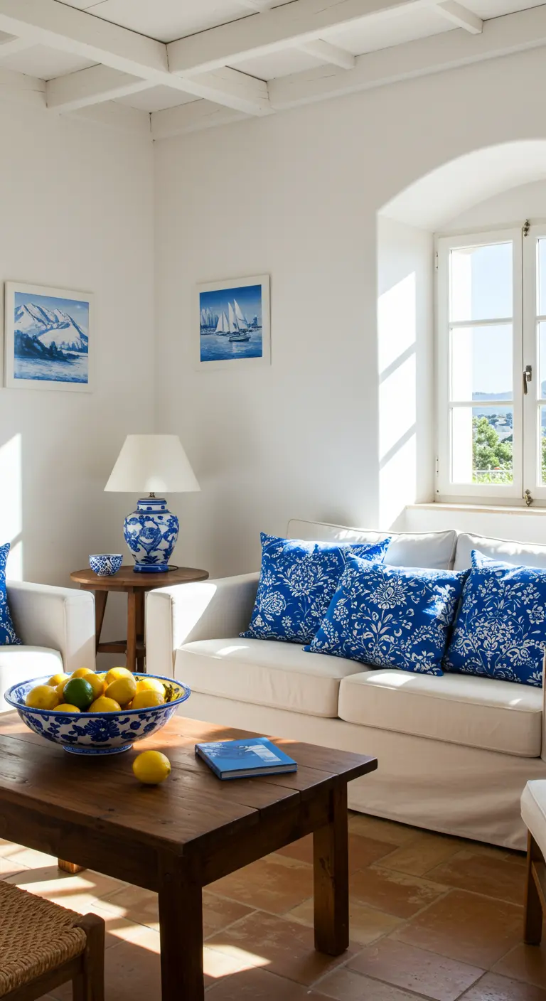 Sala de estar luminosa con un sofá blanco, cojines azules y blancos, y un cuenco de limones.