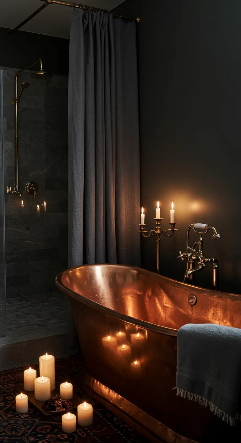 Baño oscuro y dramático con bañera de cobre independiente, velas y cortina de lino gris.