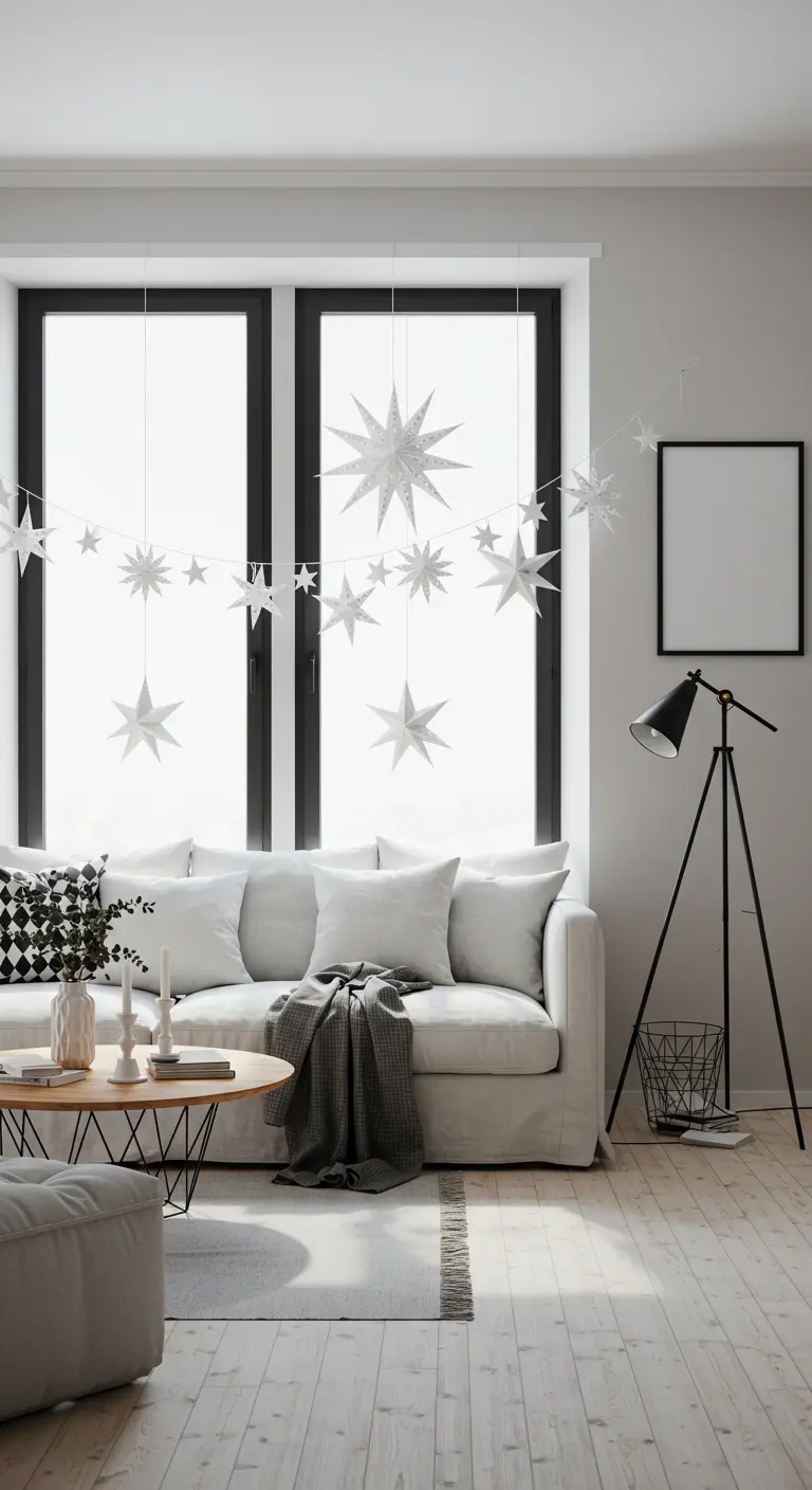 Salón minimalista con un sofá blanco y una delicada guirnalda de estrellas de papel en la ventana.