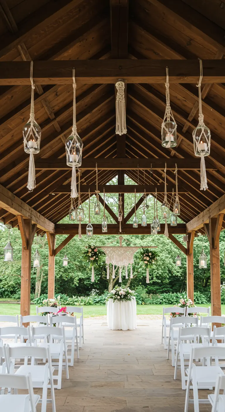 Pabellón de madera para bodas decorado con portavelas de vidrio colgando de soportes de macramé.