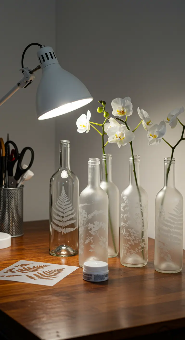 Botellas de vidrio transparente con diseños de helechos grabados con crema para un efecto esmerilado.