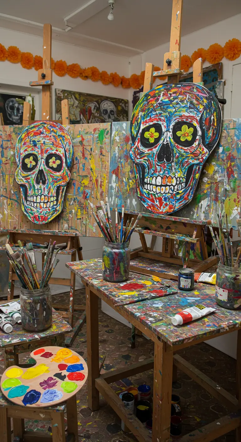 Estudio de arte con caballetes que sostienen lienzos de calaveras coloridas.