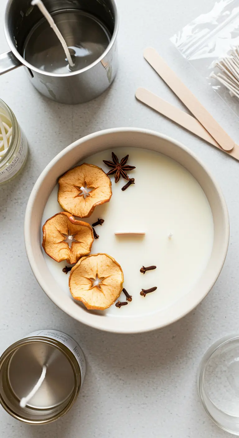 Proceso de creación de vela con rodajas de manzana deshidratada y anís estrellado.
