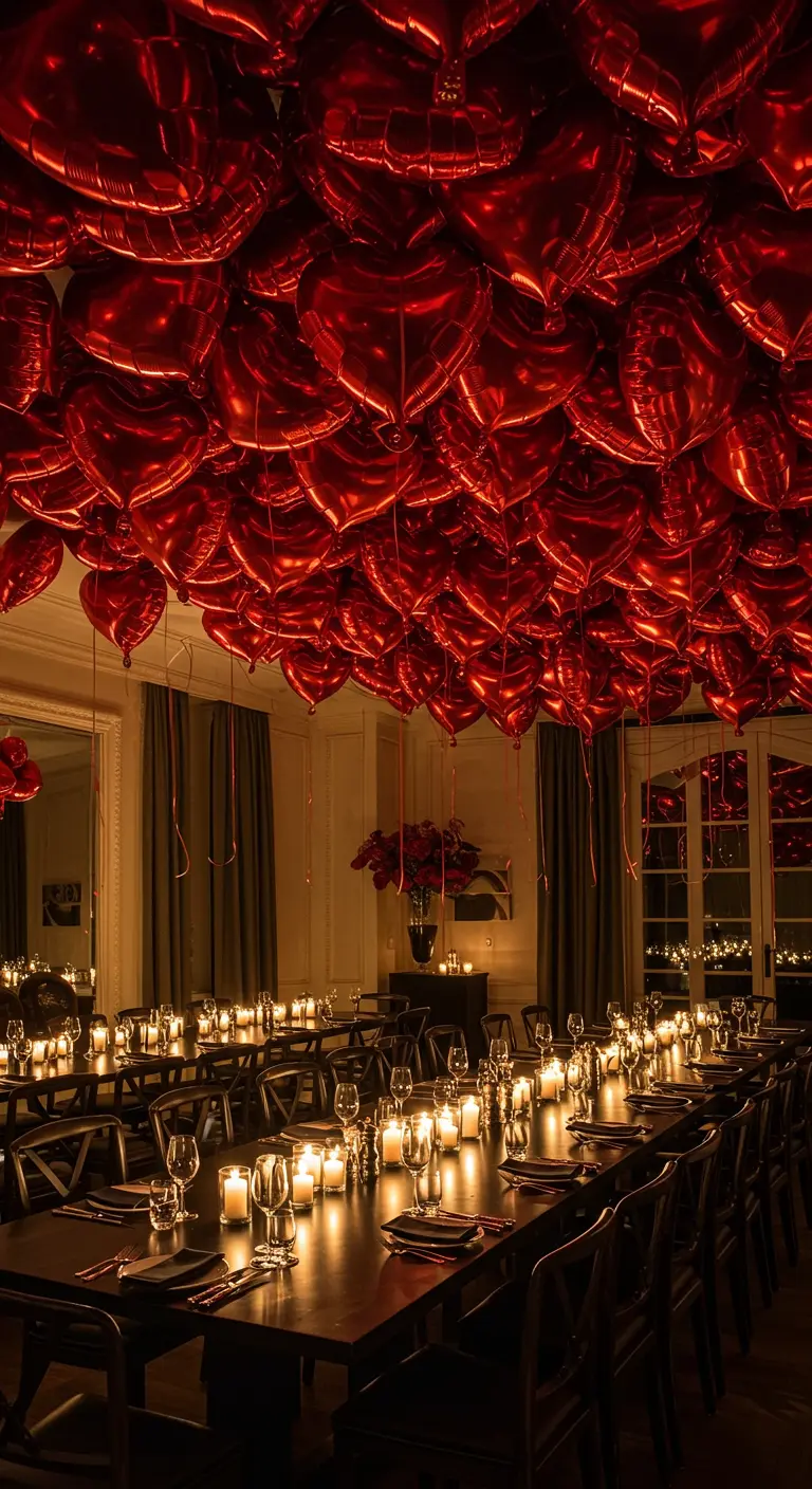 Techo cubierto por completo con globos rojos en forma de corazón sobre una mesa de cena a la luz de las velas.