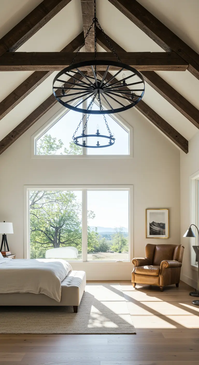 Dormitorio con techo abovedado, vigas de madera, lámpara de rueda y sillón de cuero.