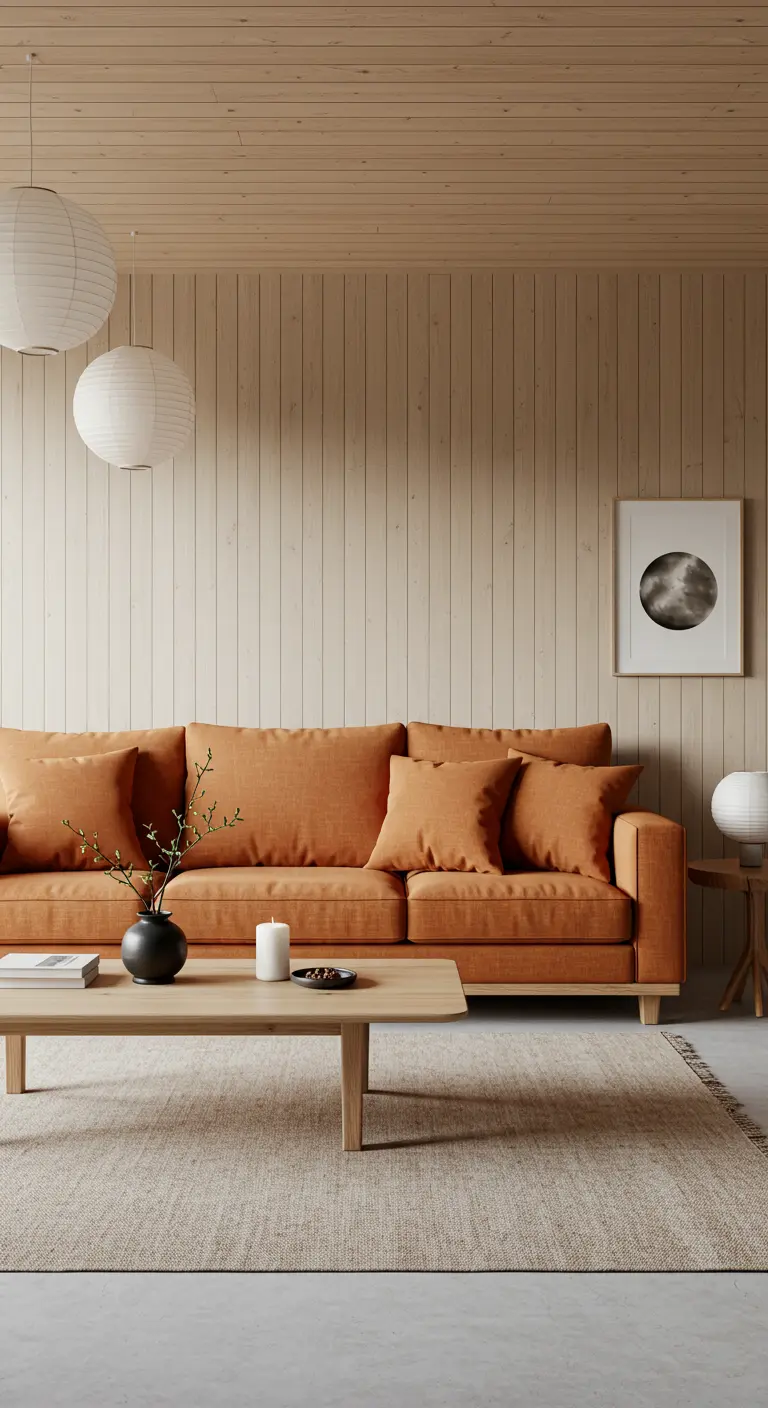 Sofá color terracota en una sala de estar de estilo Japandi con paredes de listones de madera