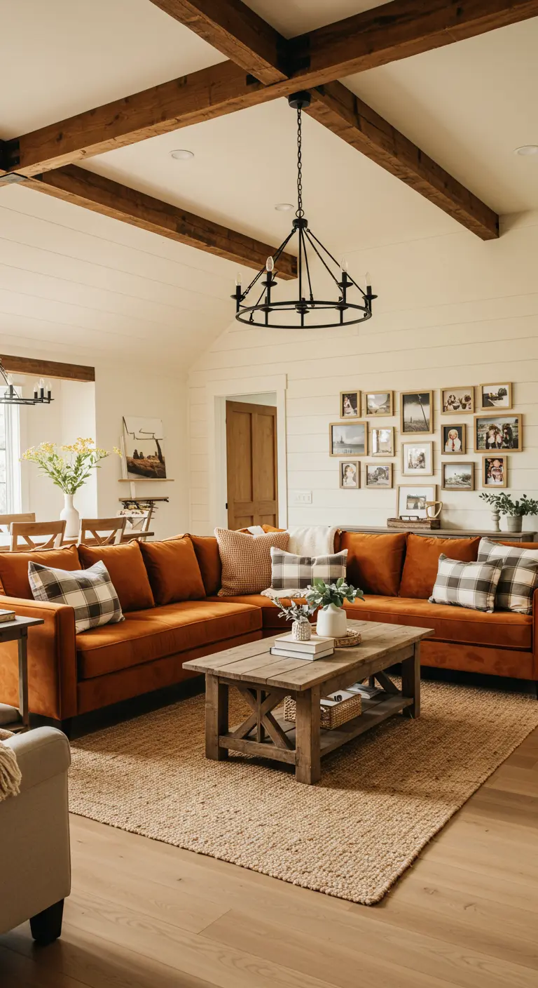 Sofá esquinero color terracota en una sala de estar estilo farmhouse con vigas de madera
