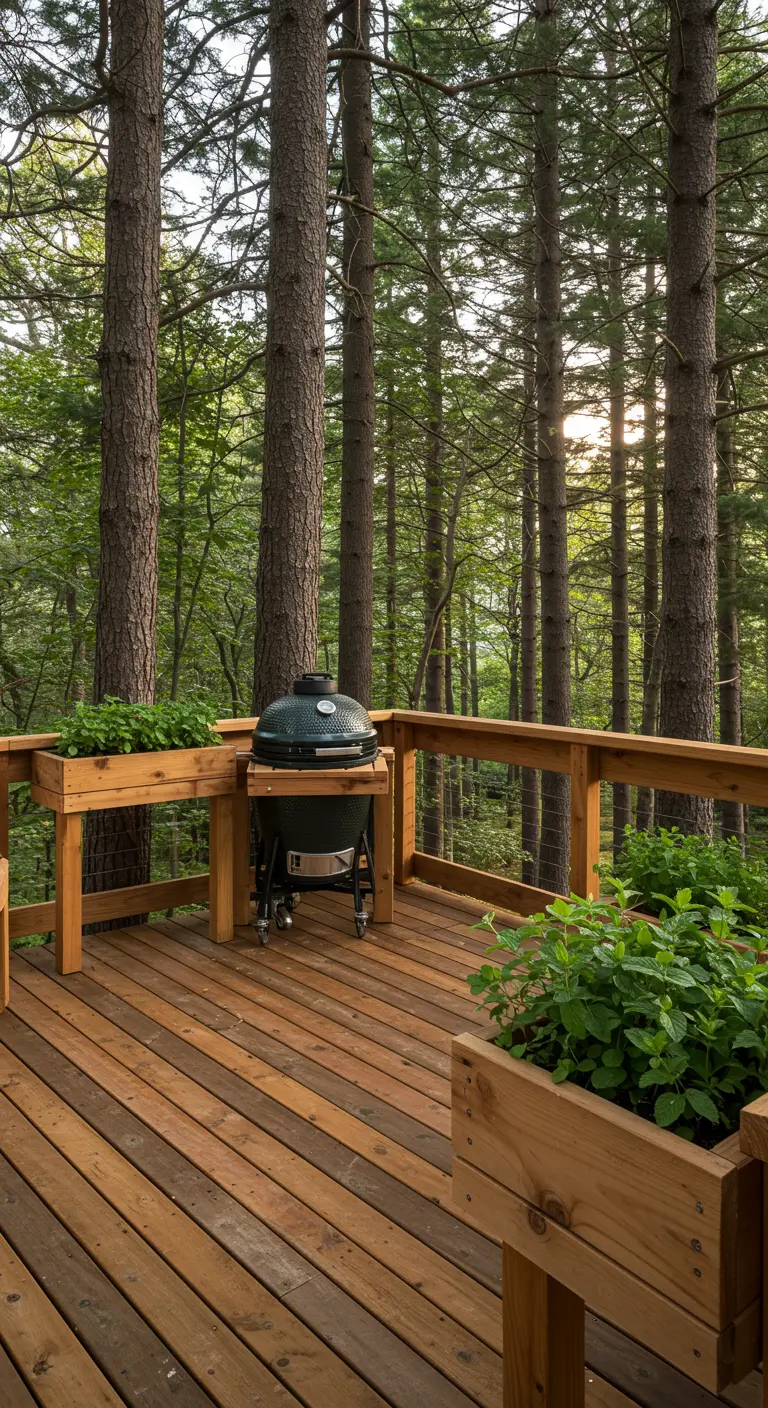 Terraza de madera elevada en un bosque con jardineras integradas llenas de hierbas verdes.
