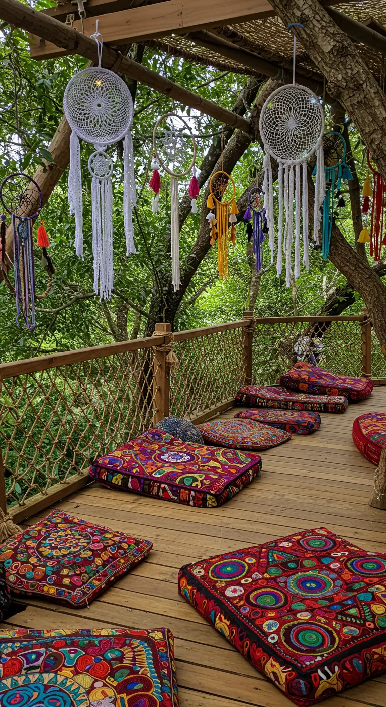 Terraza de madera en un árbol llena de cojines de suelo de colores vivos y atrapasueños colgantes.