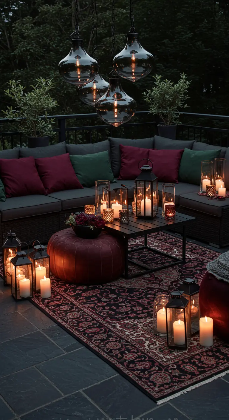 Terraza oscura de noche con sofá gris, cojines burdeos y multitud de velas en faroles negros
