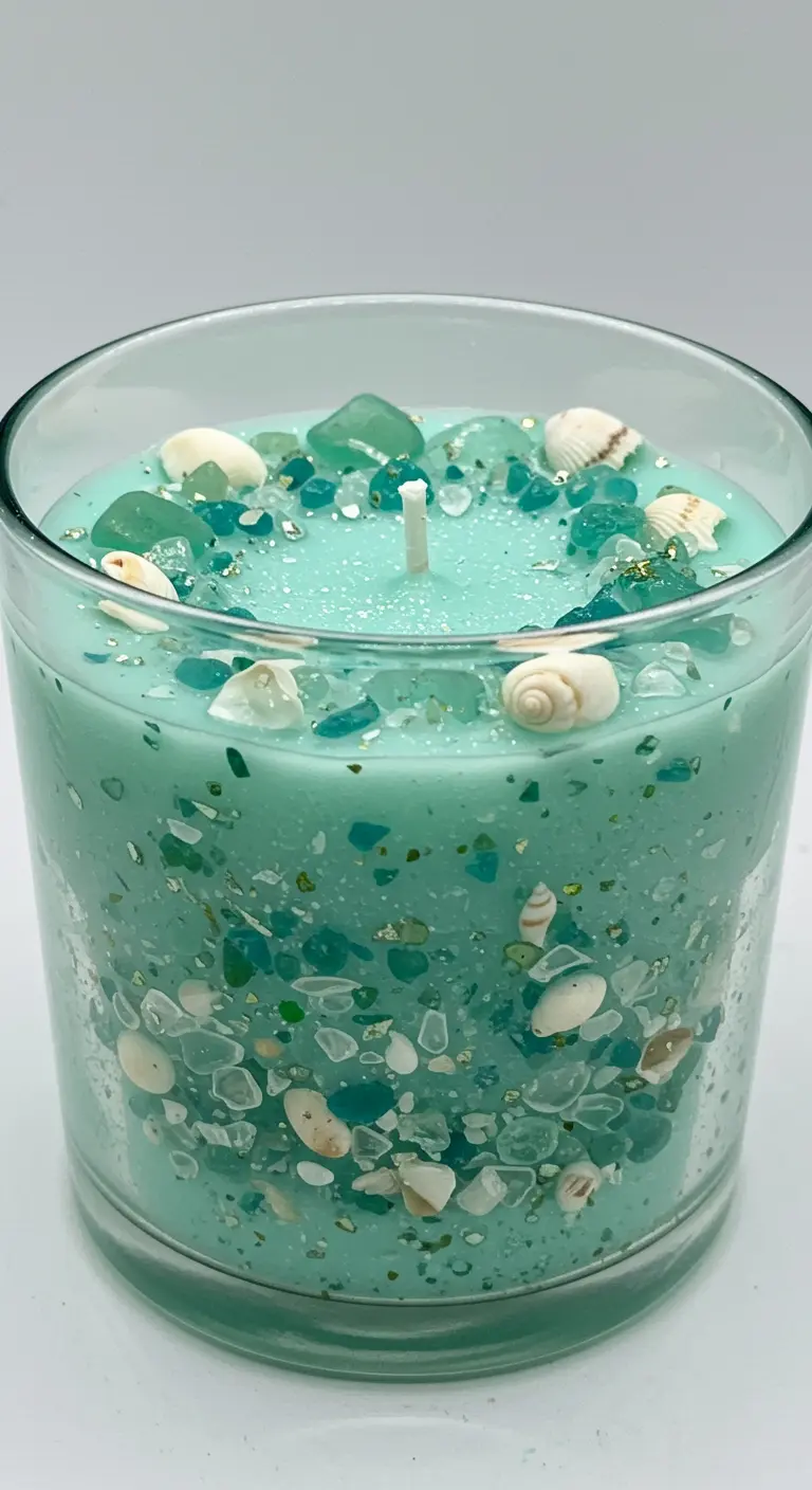 Vela de cera aguamarina en vaso de cristal con conchas y cristales marinos incrustados.