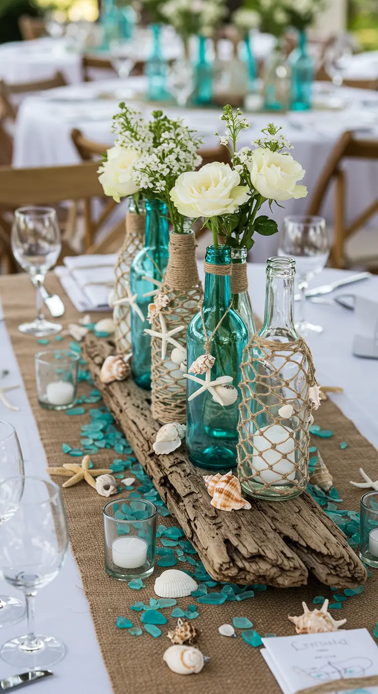 Centro de mesa de boda con botellas azules decoradas con redes de cuerda y conchas marinas.