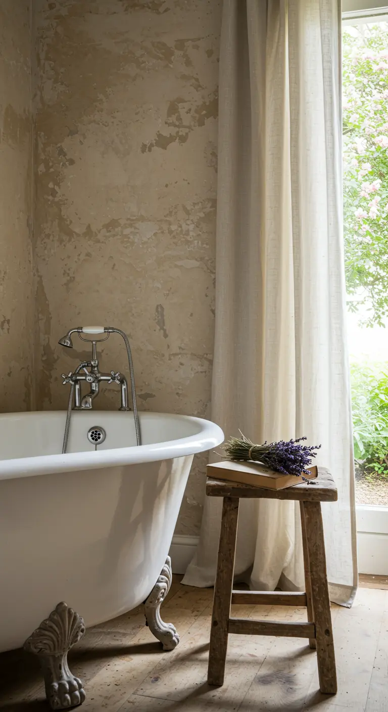 Bañera con patas junto a un taburete de madera rústico con lavanda y cortina de lino.