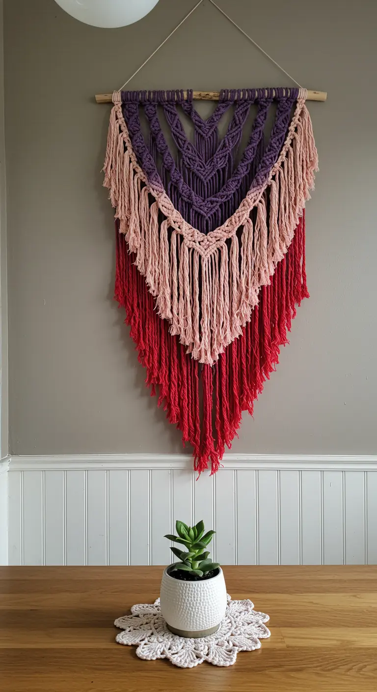 Tapiz de macramé en capas con colores morado, rosa pálido y rojo intenso.