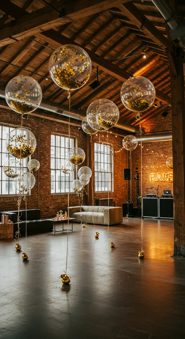 Globos transparentes con confeti dorado flotando en un espacio de estilo industrial-loft.