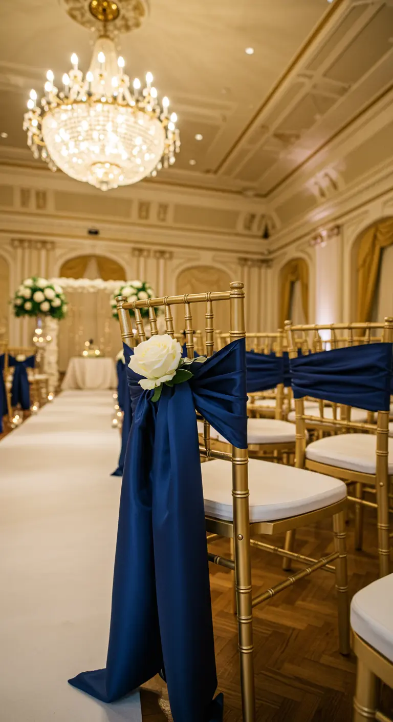 Silla Chiavari dorada con un lazo de satén azul marino y una rosa blanca.