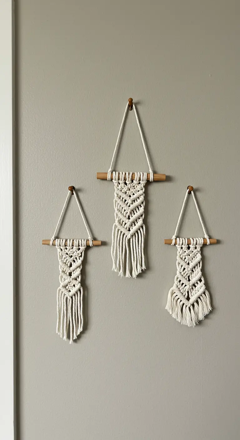 Tres pequeños tapices de macramé de diferentes tamaños colgados juntos en una pared gris.