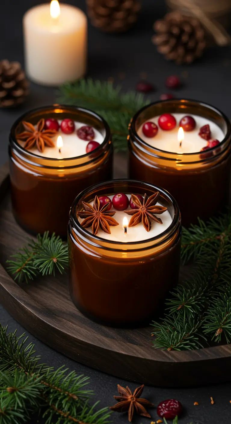 Tres velas en tarros de ámbar con arándanos rojos y anís estrellado.