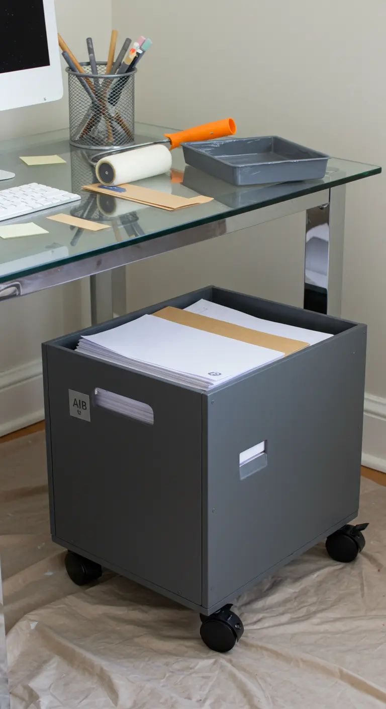 Caja de vino pintada de gris con ruedas para usar como archivador móvil.