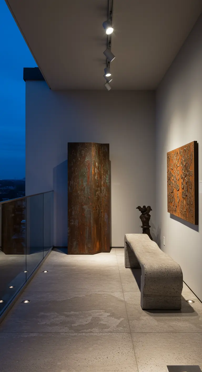 Balcón convertido en galería de arte con esculturas y un banco de hormigón iluminado