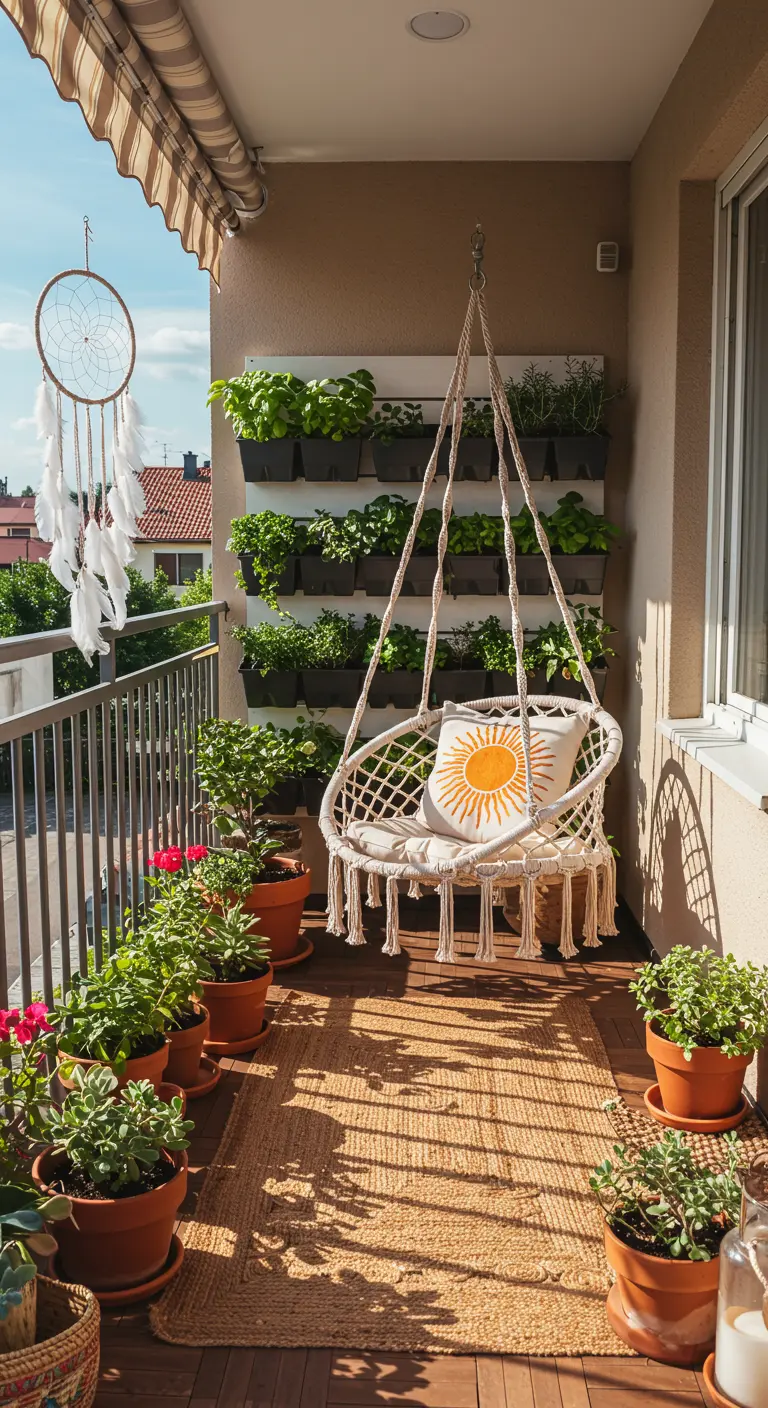 Balcón bohemio con silla colgante de macramé, jardín vertical y un atrapasueños blanco.