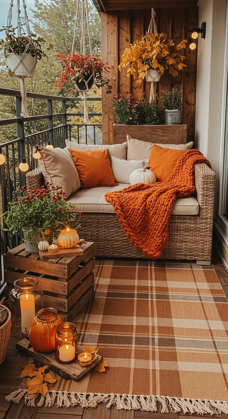 Balcón decorado para el otoño con manta naranja, alfombra de cuadros y calabazas.