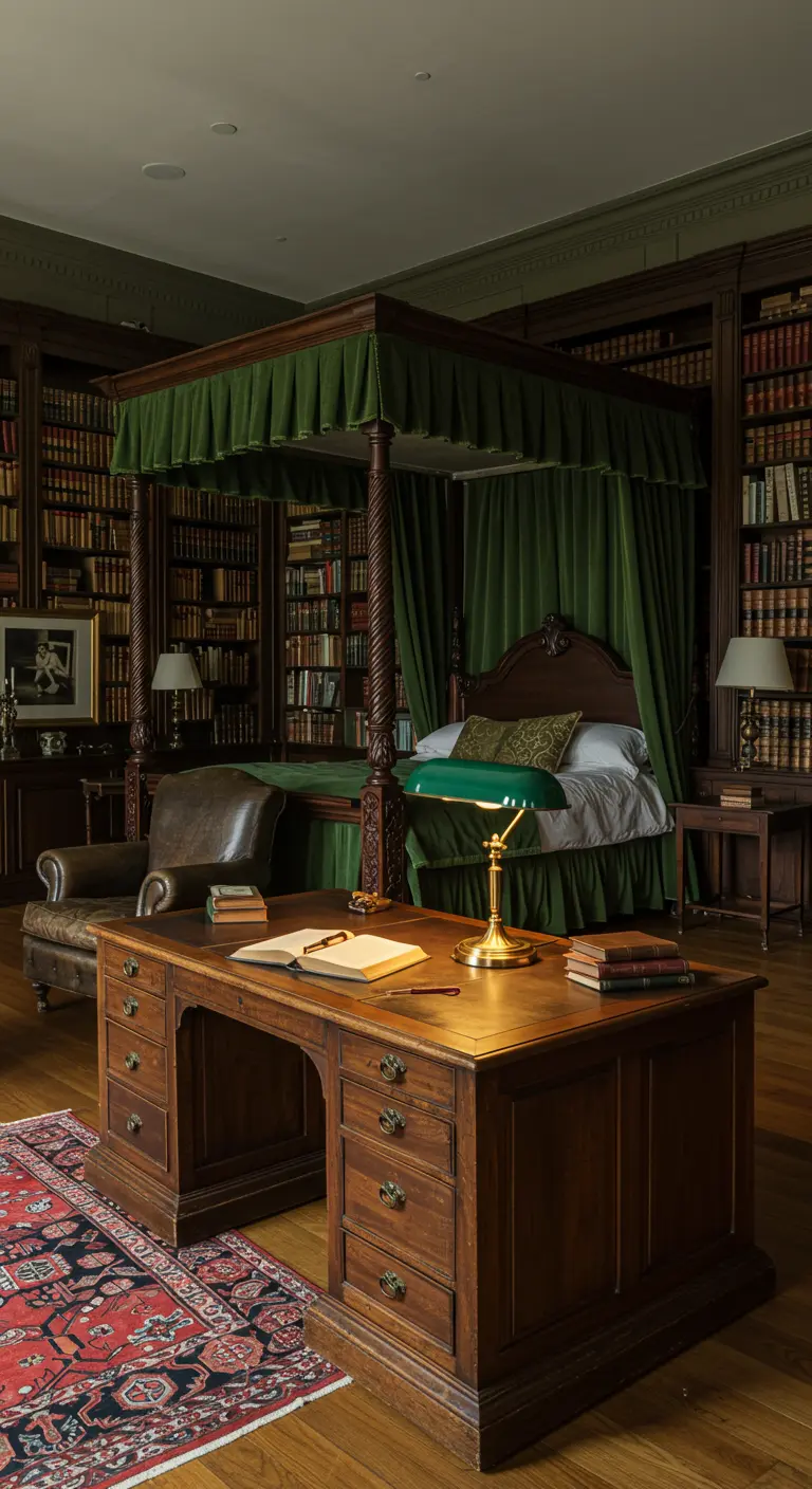 Dormitorio tipo biblioteca con cama con dosel de terciopelo verde y escritorio de madera maciza