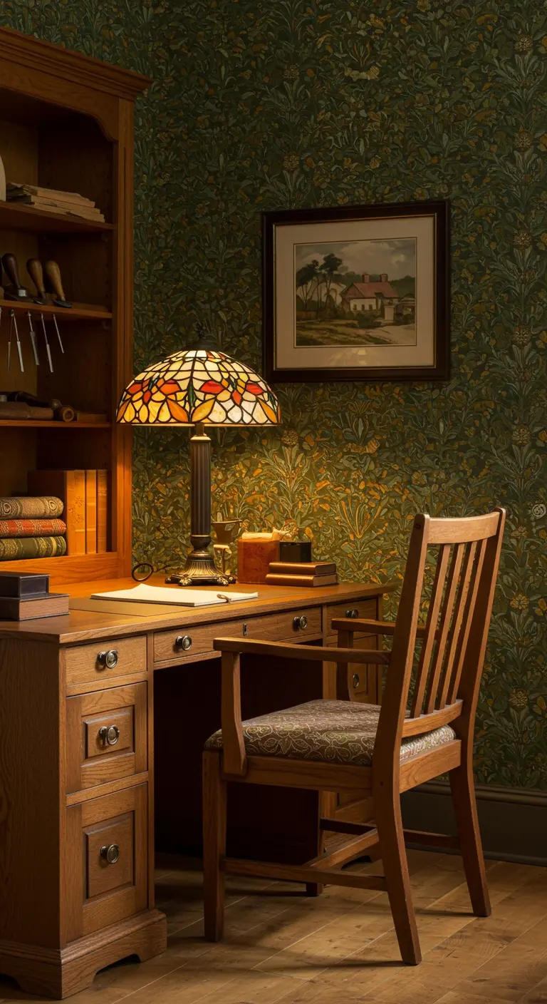 Rincón de estudio con muebles de roble, papel pintado Arts and Crafts y lámpara Tiffany.