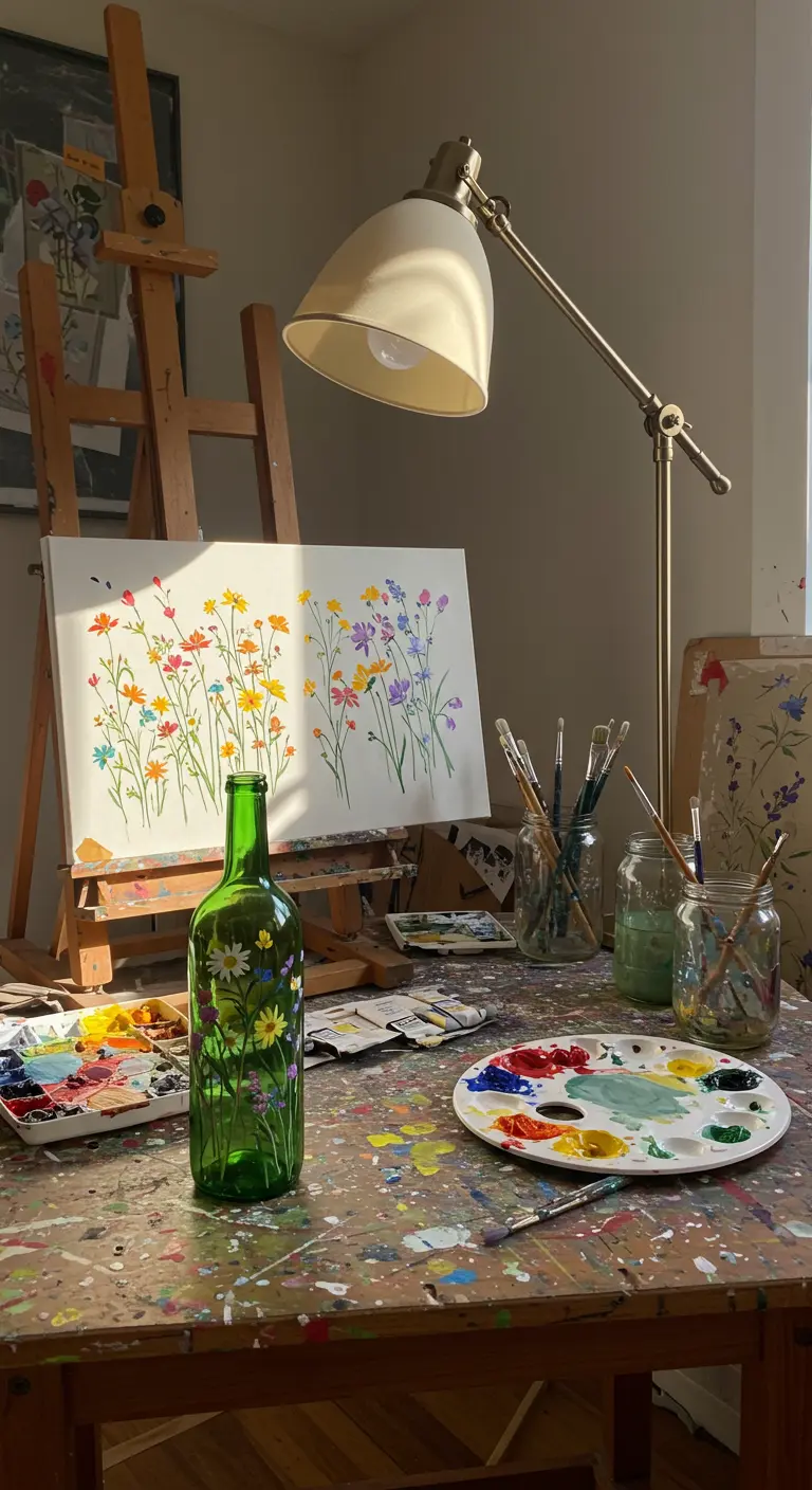 Botella de vino verde pintada a mano con flores de colores en un estudio de arte.