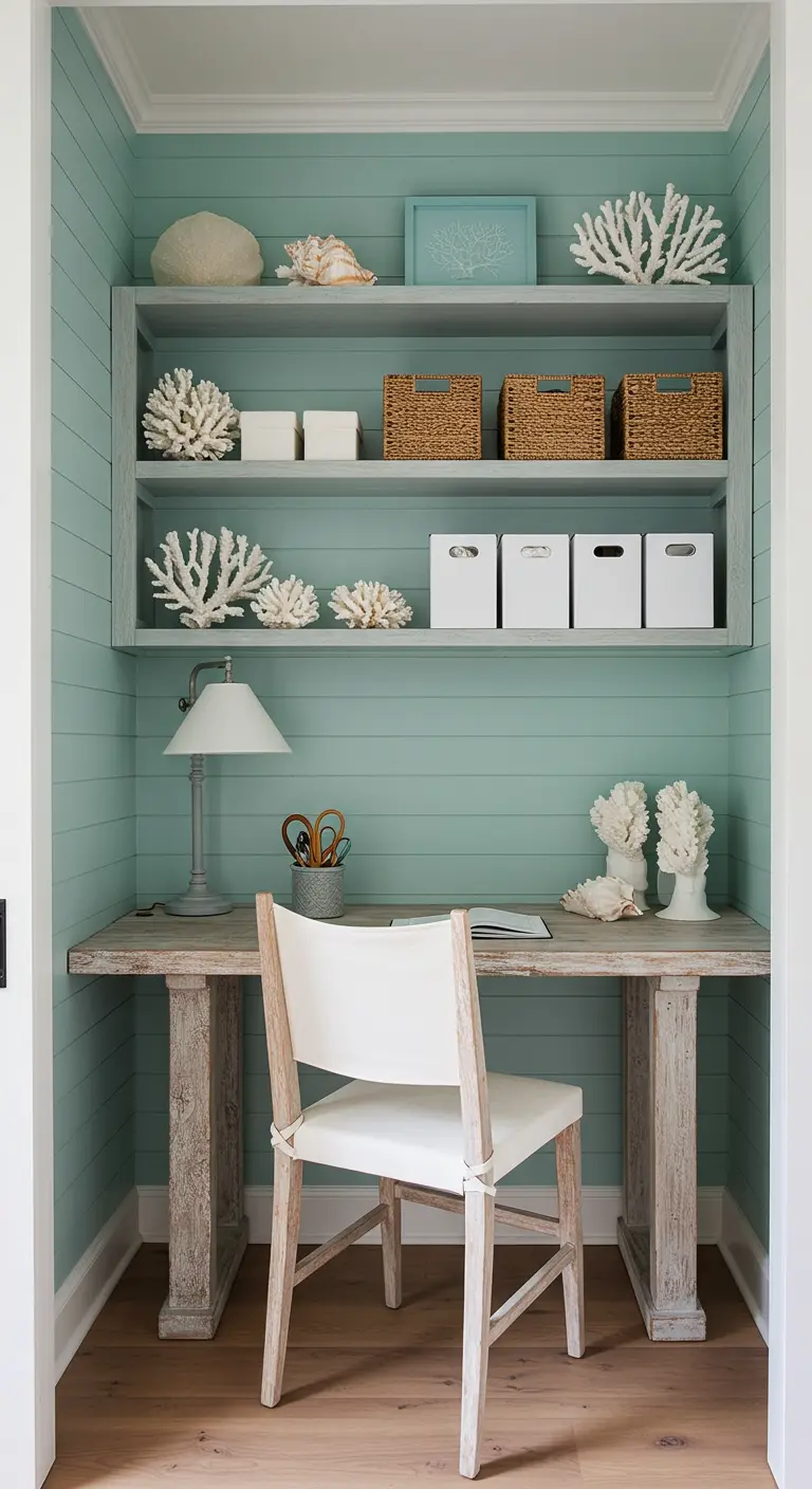 Oficina de estilo playero en un nicho pintado de verde menta, con escritorio de madera envejecida.