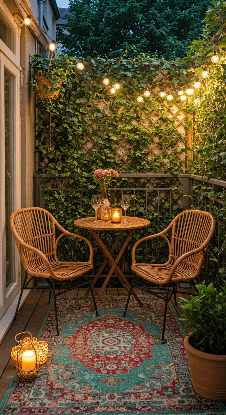 Pequeño balcón romántico con mesa de bistró, pared cubierta de hiedra y guirnaldas de luces.