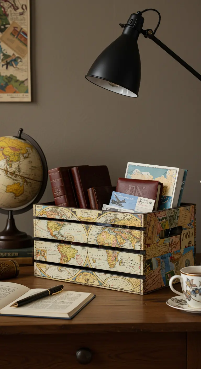 Caja de vino decorada con mapas antiguos usando la técnica de decoupage.