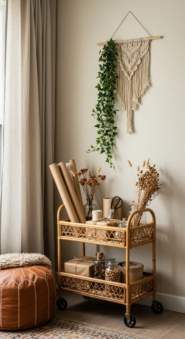 Carrito de ratán de dos niveles con papeles de regalo, cintas y flores secas en un ambiente boho.