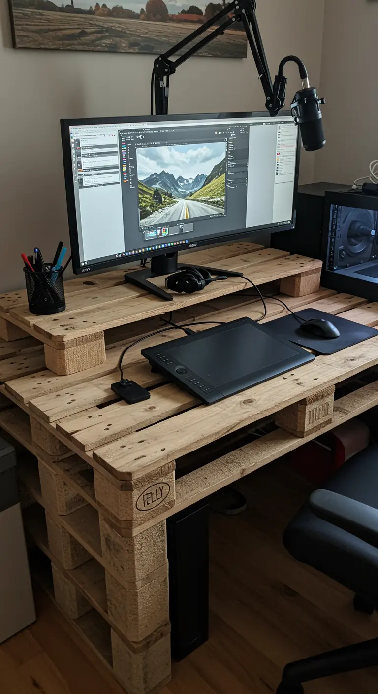 Setup de ordenador con un escritorio de palets de varios niveles para monitores y tabletas gráficas.