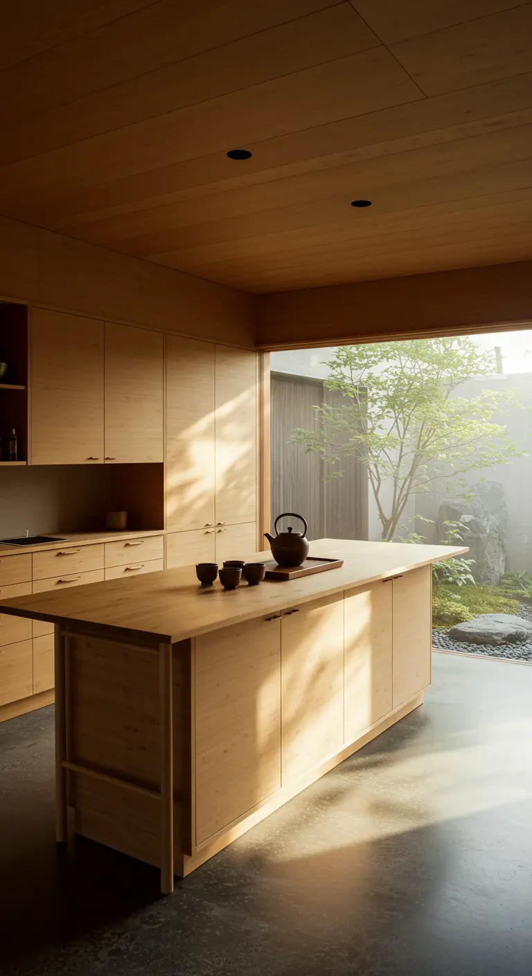 Cocina minimalista de madera clara con una gran isla y vistas a un jardín japonés brumoso.