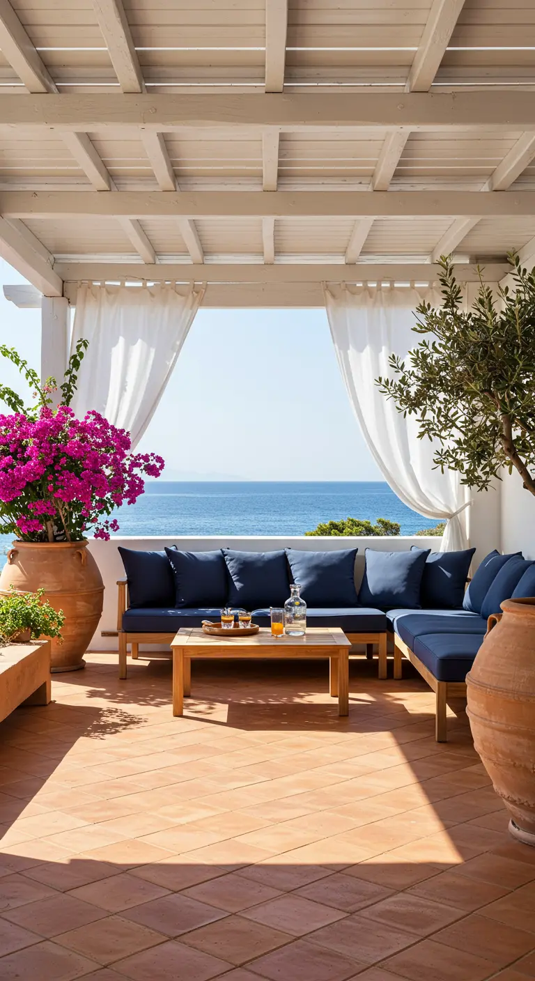 Patio con pérgola blanca, sofá azul marino y cortinas blancas con vistas al mar.