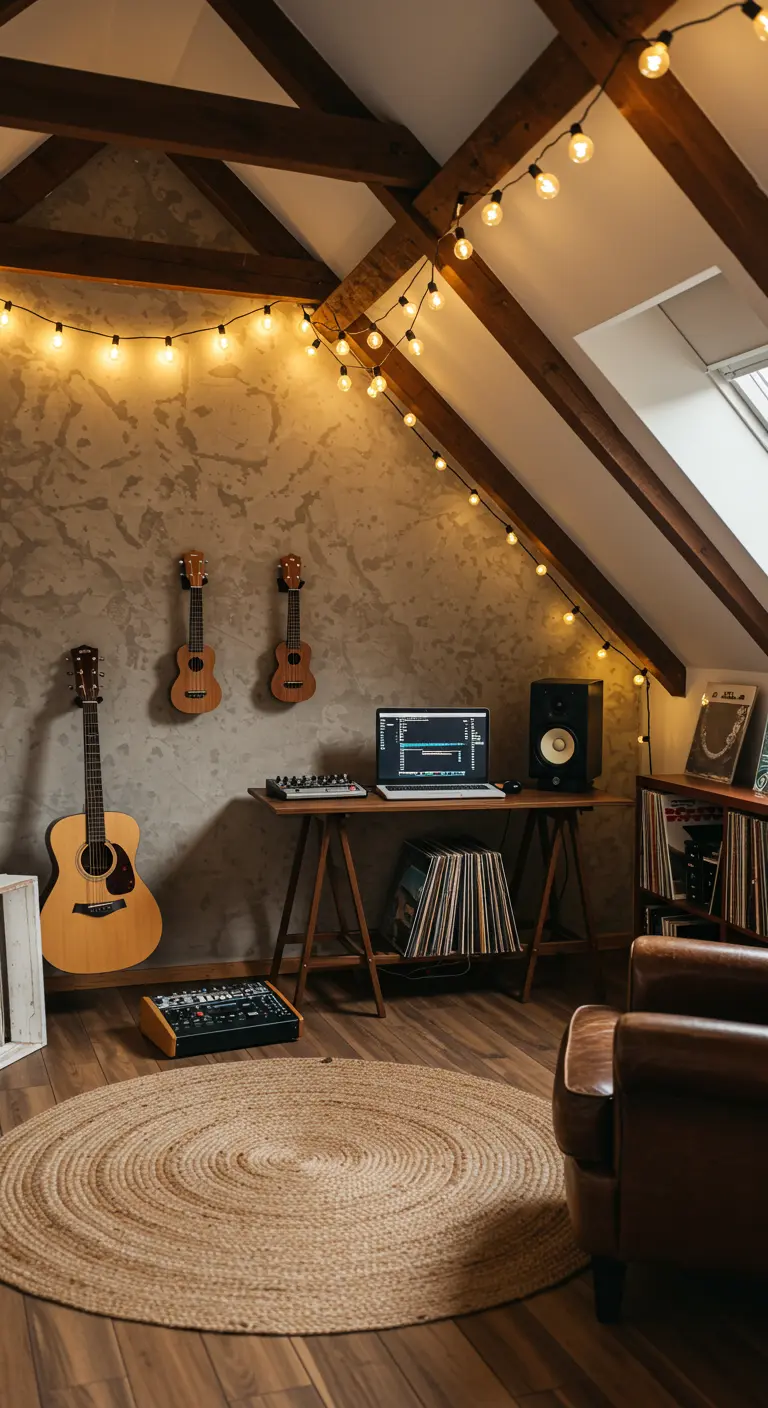 Rincón de música en un ático con guitarras, vinilos y una cálida guirnalda de luces.