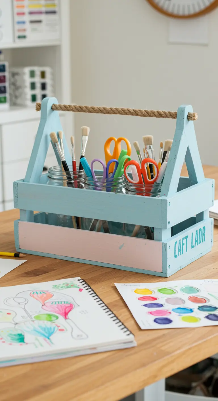 Caja de vino azul con asa de cuerda para transportar material de arte.