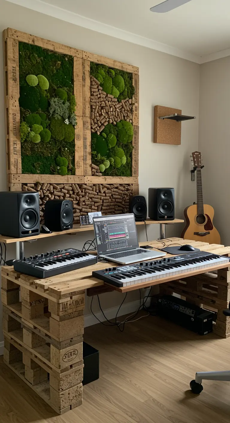 Estudio de música con escritorio de palets para teclados y paneles de pared con musgo.