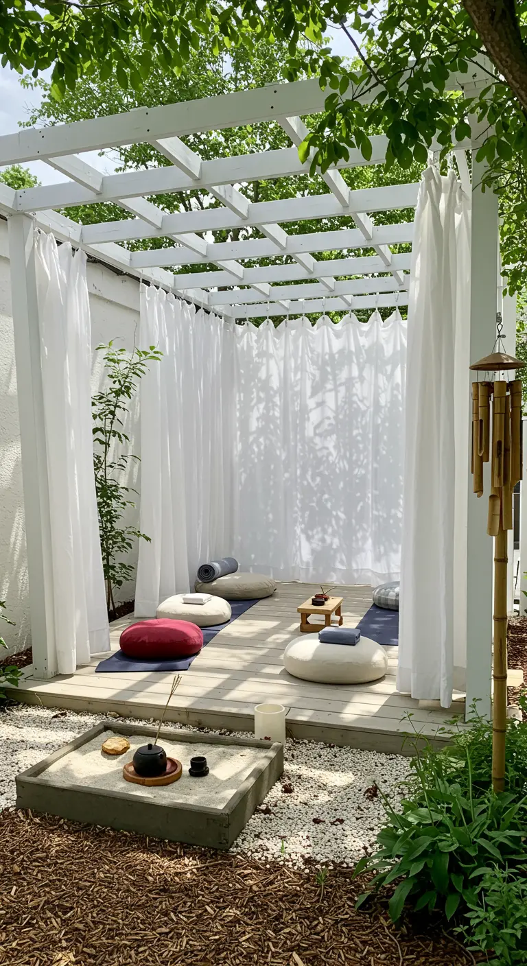 Espacio de yoga al aire libre bajo una pérgola blanca con cortinas, cojines y un jardín zen.