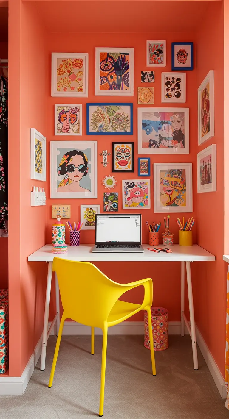 Oficina colorida en un armario con paredes coral y una pared galería llena de cuadros.