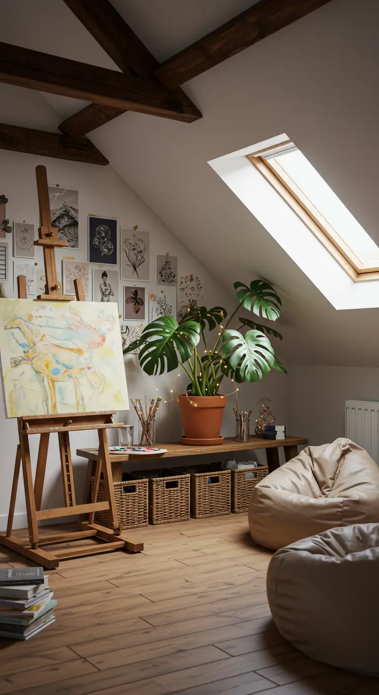 Estudio de arte en ático luminoso con caballete, ilustraciones en la pared y una gran planta.