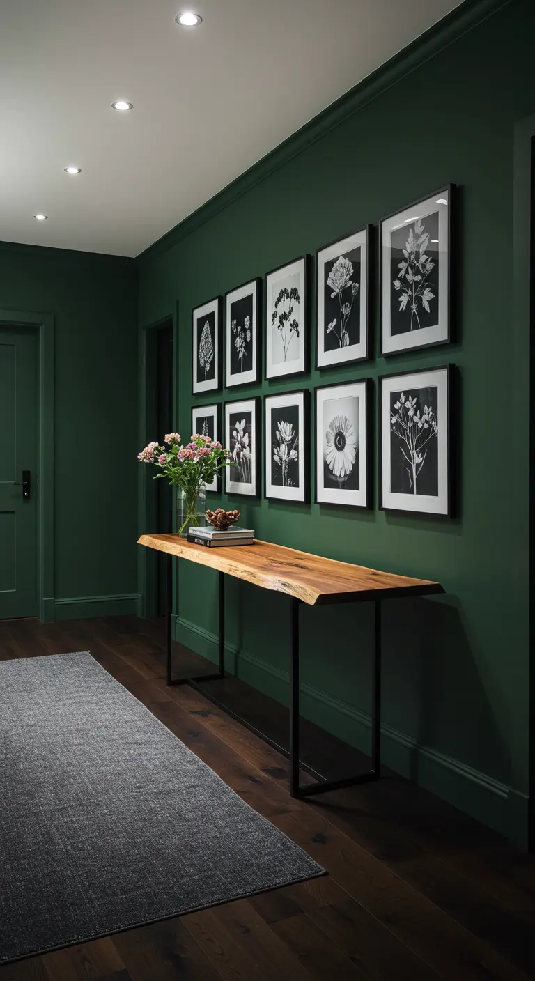 Pasillo con paredes verde oscuro, una galería de fotos en blanco y negro y consola de madera natural.