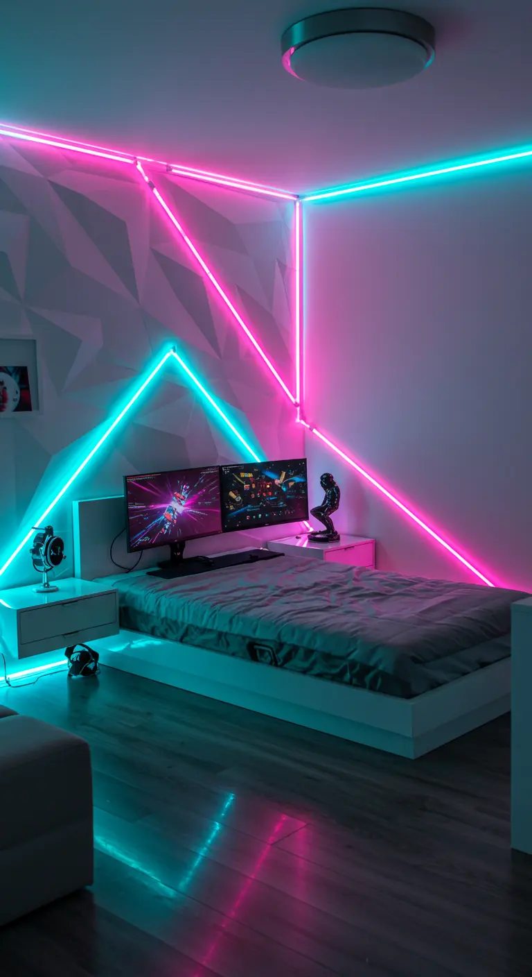 Dormitorio de estilo gamer con luces LED de neón en rosa y cian formando figuras geométricas.