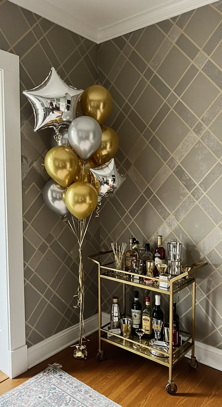 Carrito de bar dorado con botellas y un gran ramo de globos dorados y plateados.